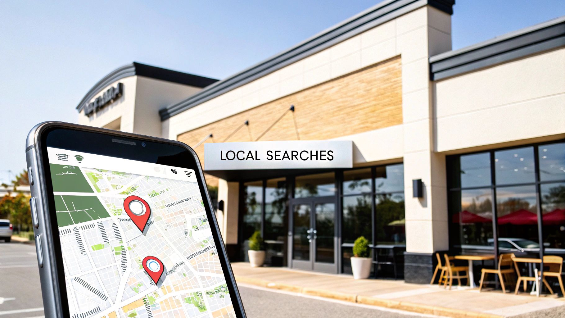A phone displaying a map with red pins, highlighting local businesses for onsite optimization.