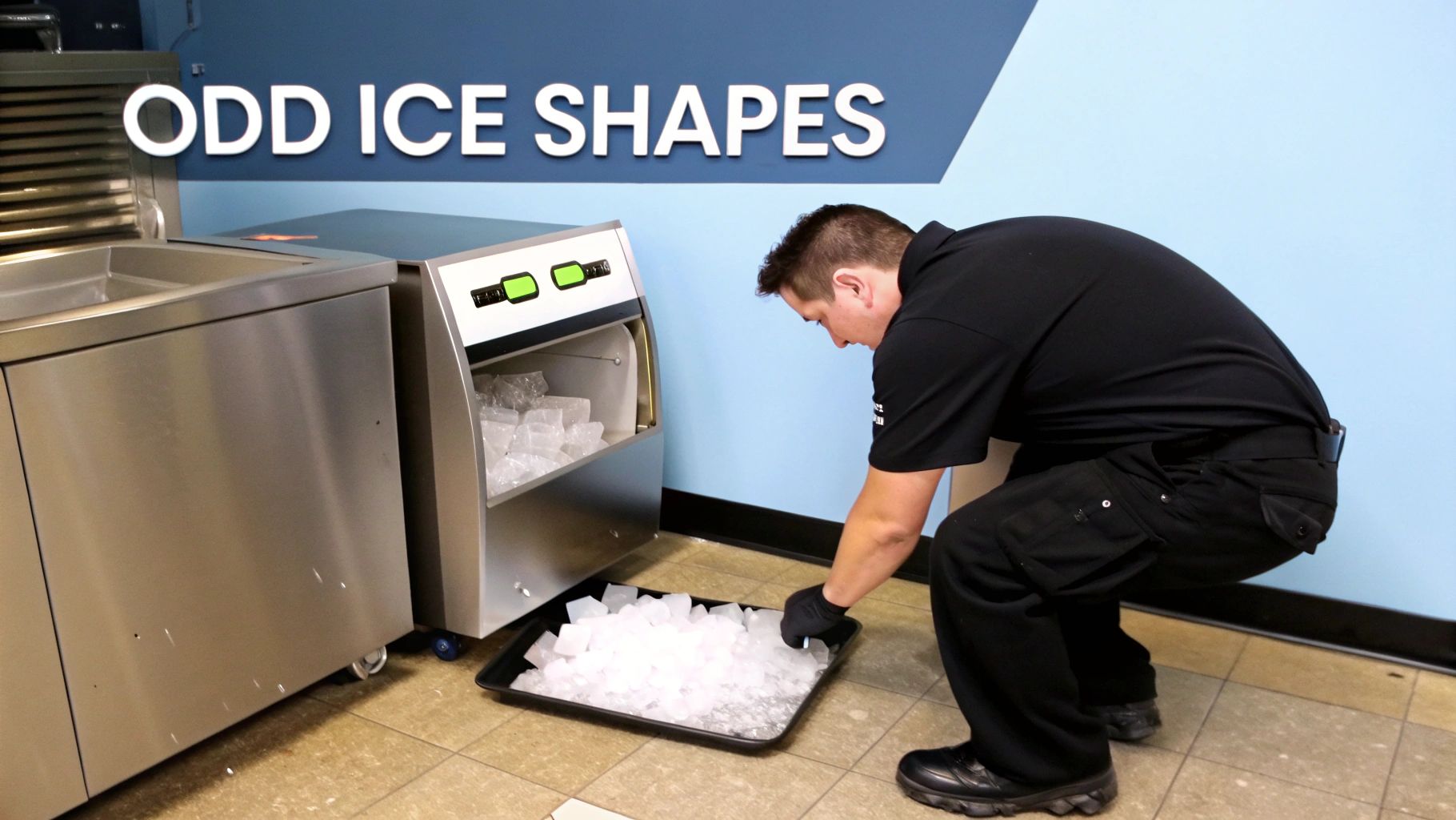 A man in black uniform collects irregular ice cubes from a commercial ice maker into a black tray.