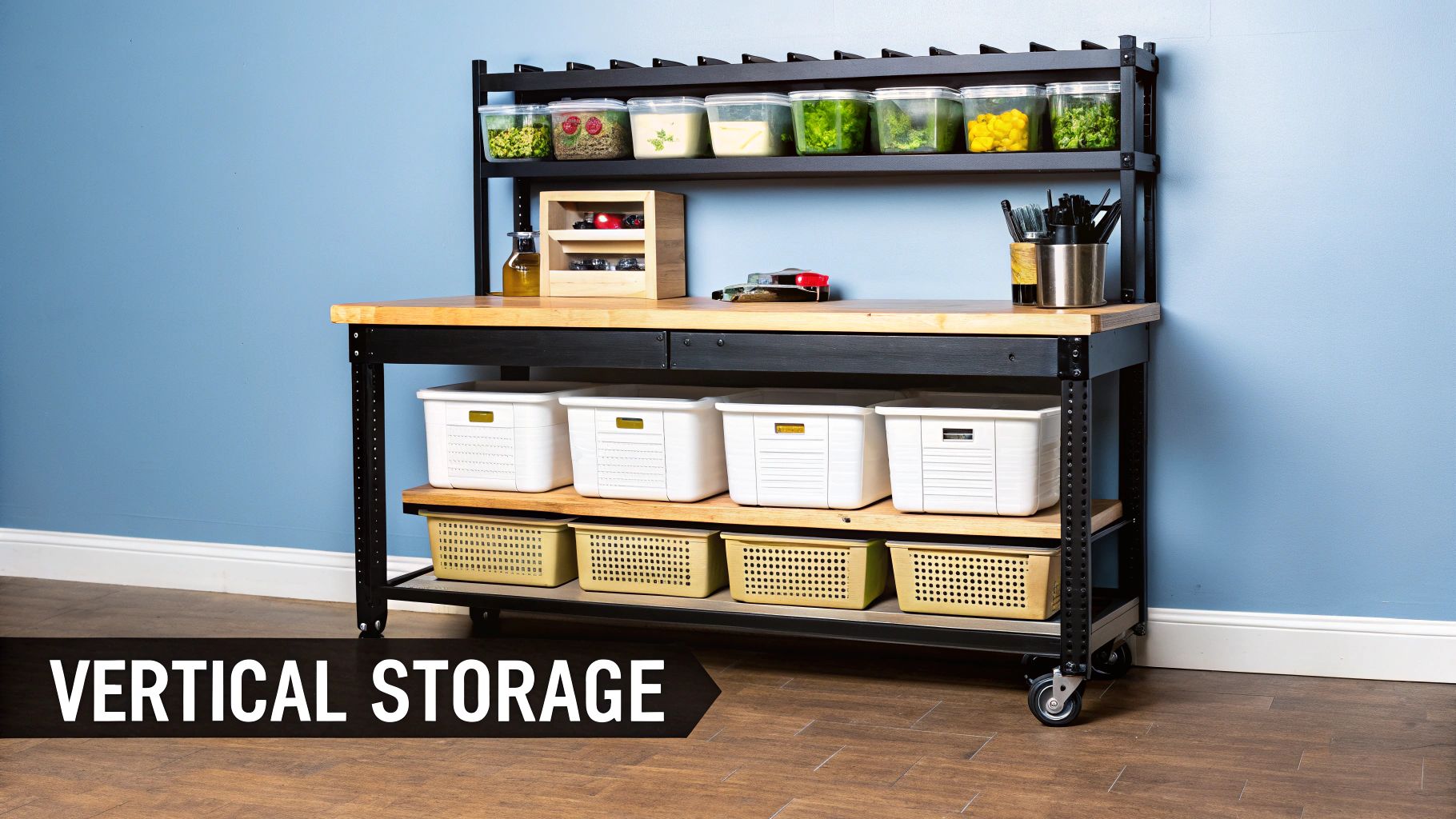 A black and wood rolling kitchen storage unit with multiple shelves filled with food containers and bins.