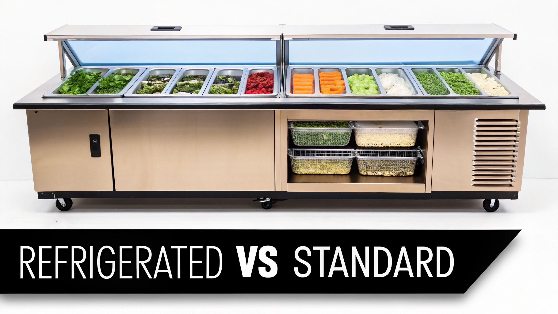 Stainless steel refrigerated salad bar prep table with fresh vegetables, fruits, and toppings.