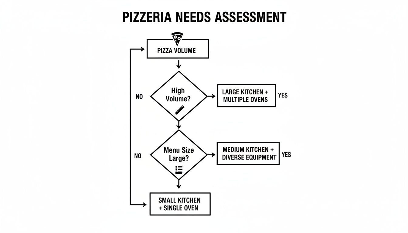 Flowchart outlining pizzeria kitchen and oven needs assessment based on pizza volume and menu size.