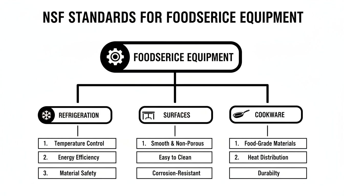 A diagram outlining NSF standards for foodservice equipment, covering refrigeration, surfaces, and cookware requirements.