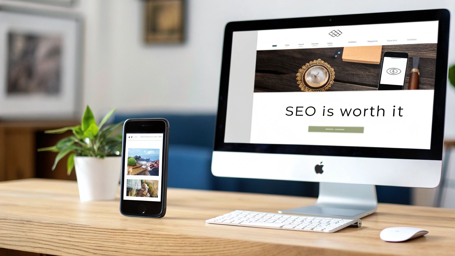 A desktop computer and a smartphone on a wooden desk, both displaying web content about SEO and digital marketing.