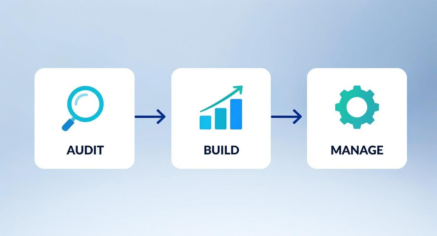 Infographic showing the three-step process of citation management: Audit, Build, and Manage.