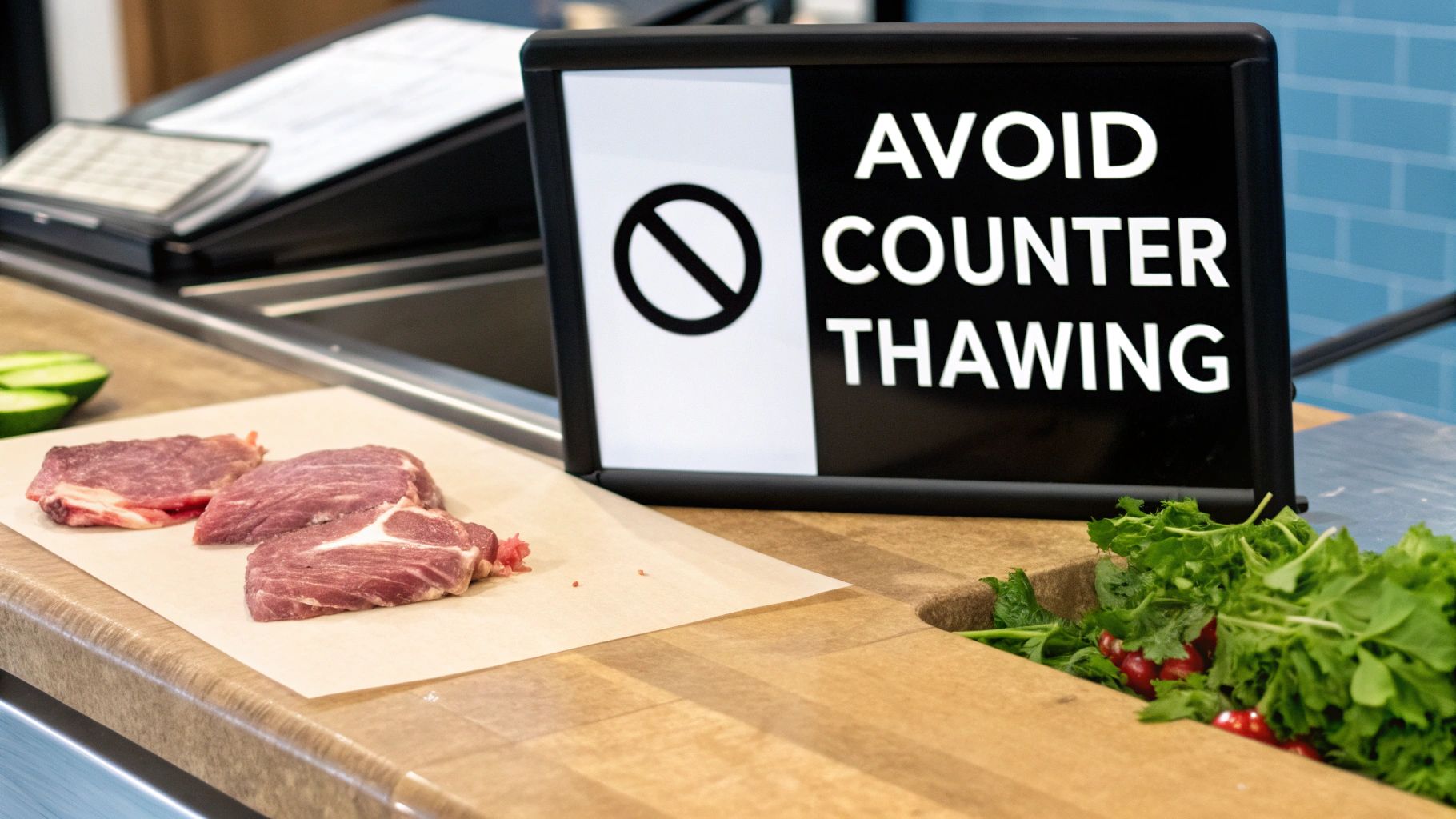 Raw meat on a counter with a sign warning to avoid counter thawing, alongside fresh vegetables.