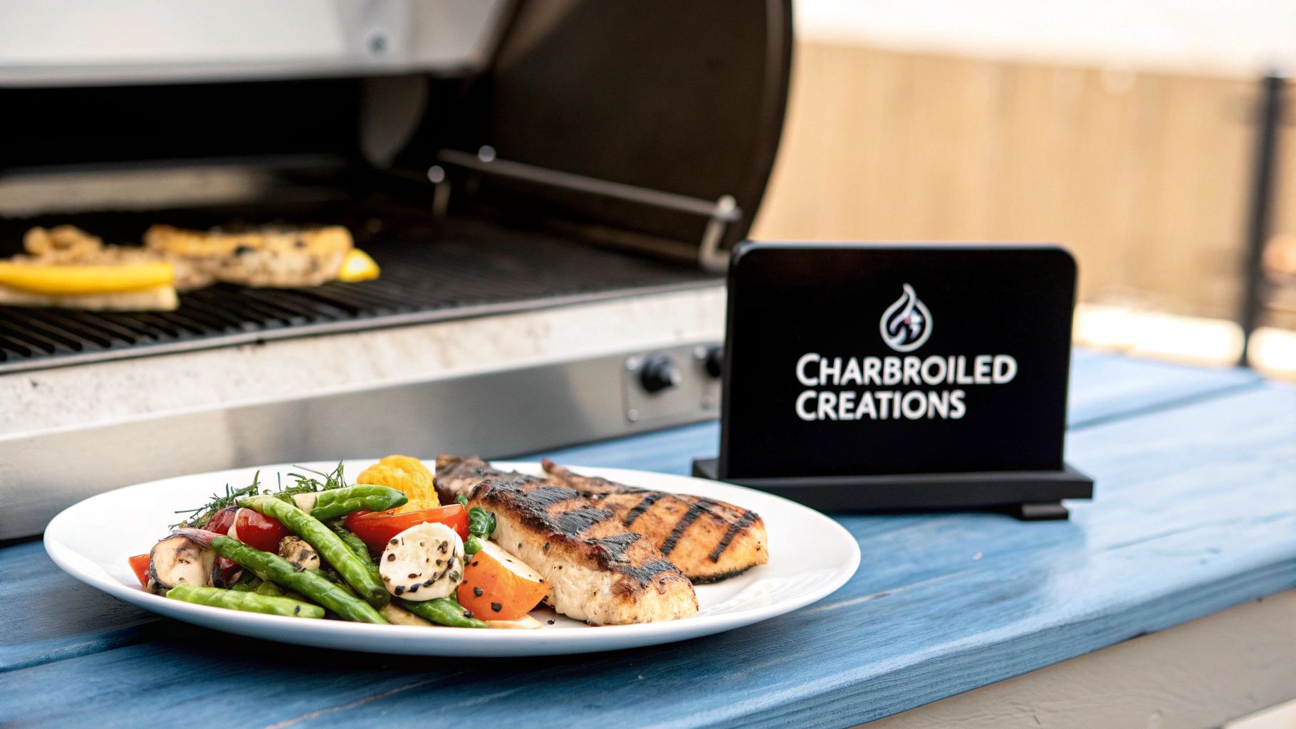 A plate of grilled fish and vegetables on a blue table next to a barbecue grill and sign.