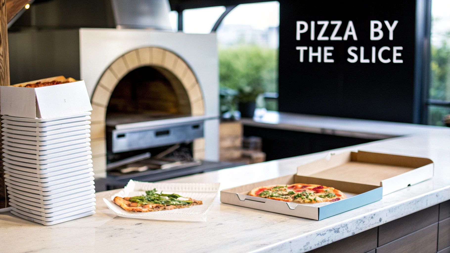 A modern pizza stand counter with freshly baked pizzas, stacked plates, and a prominent brick oven.