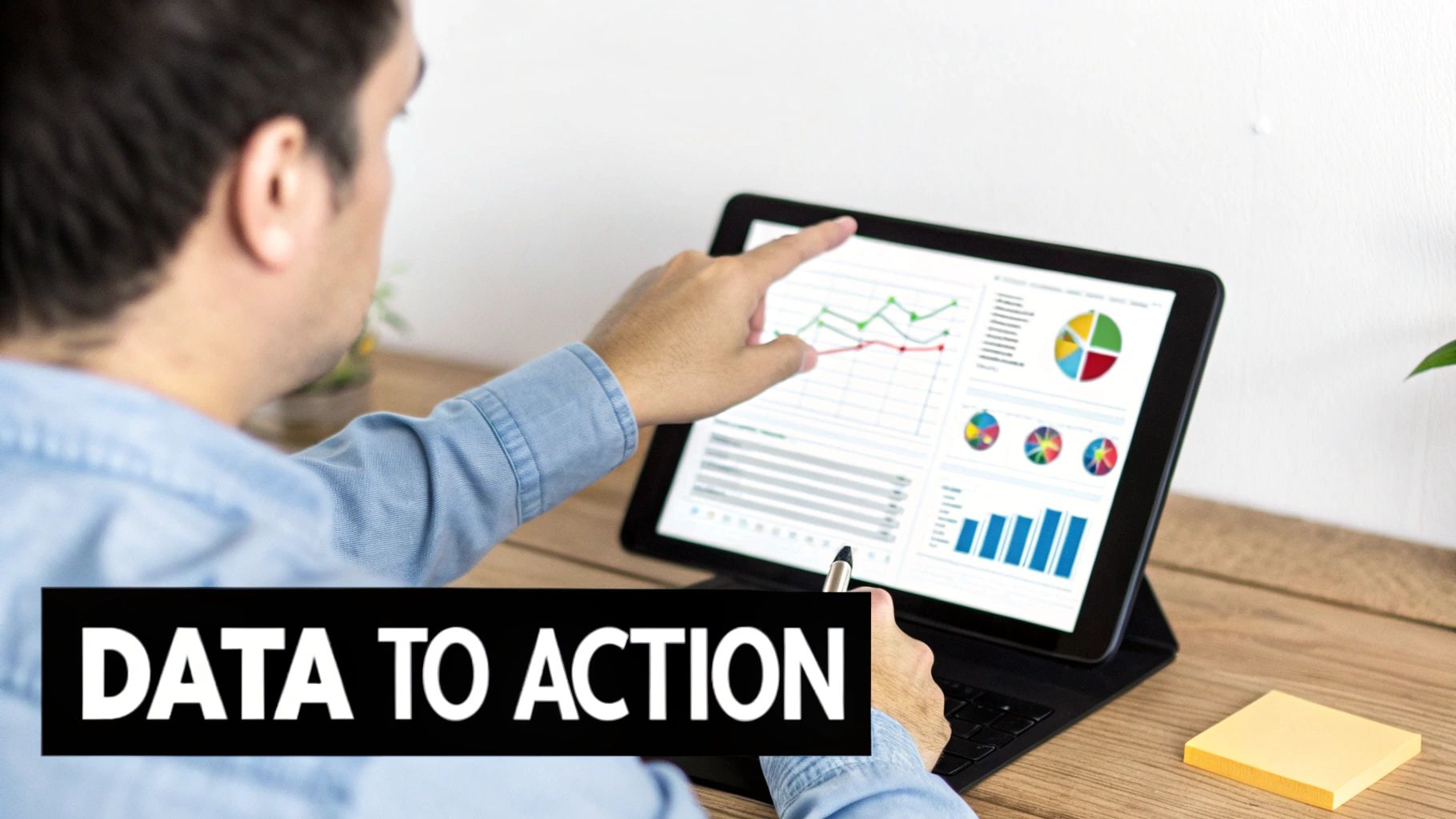 A man points at a tablet displaying various data analytics, charts, and graphs with 'DATA TO ACTION' text.