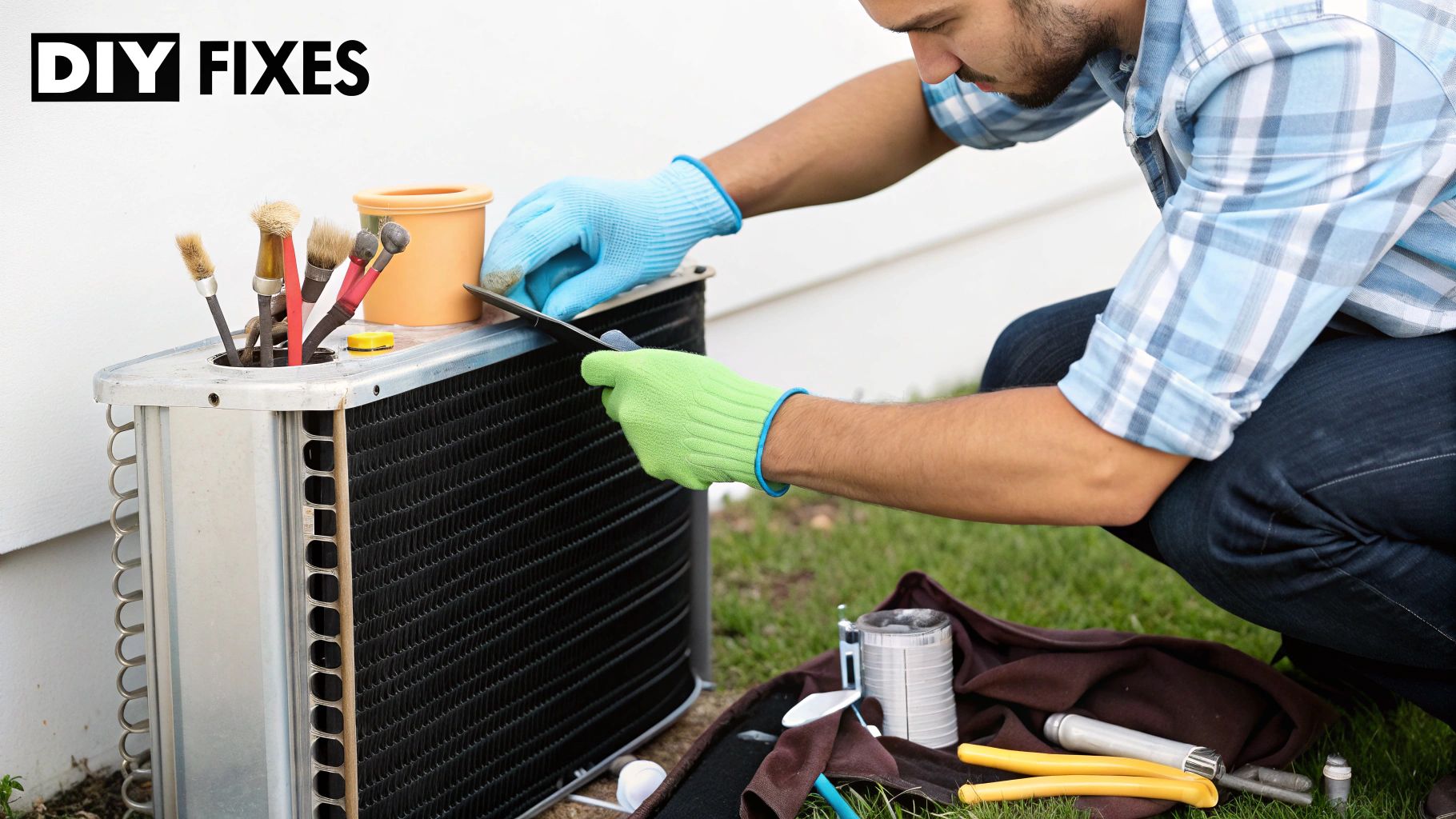 Man in gloves cleaning an outdoor air conditioning unit with various tools, demonstrating DIY fixes.