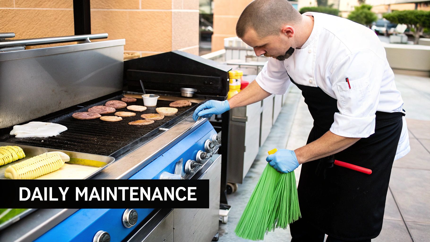 A person meticulously cleaning a large, flat commercial griddle after service.