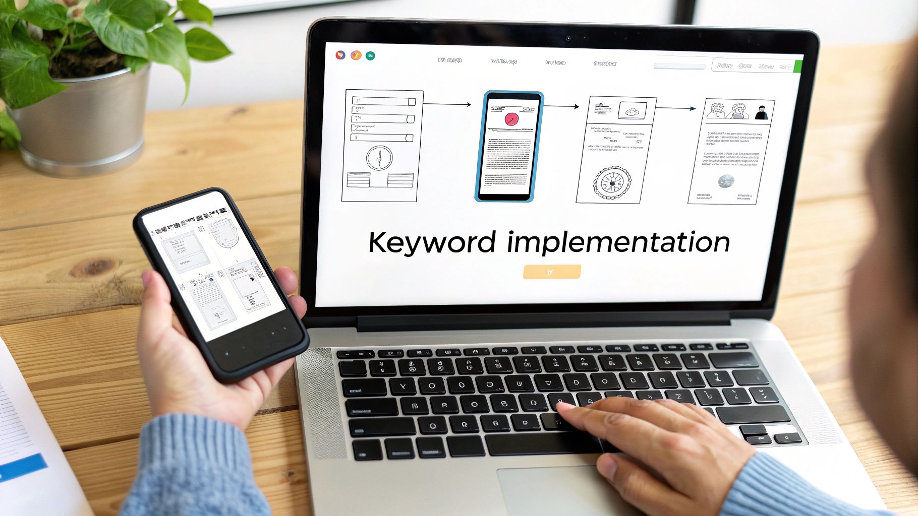 Person's hands on a laptop keyboard and holding a smartphone showing keyword implementation.
