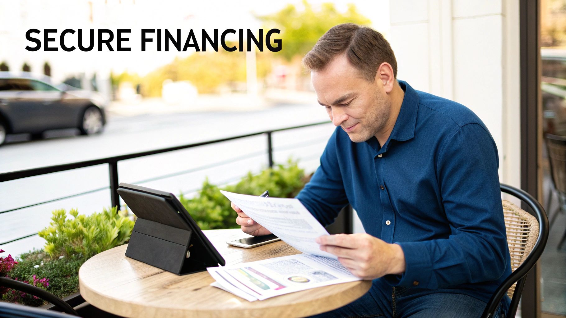 A man reviewing documents and signing papers at an outdoor cafe, securing financing.