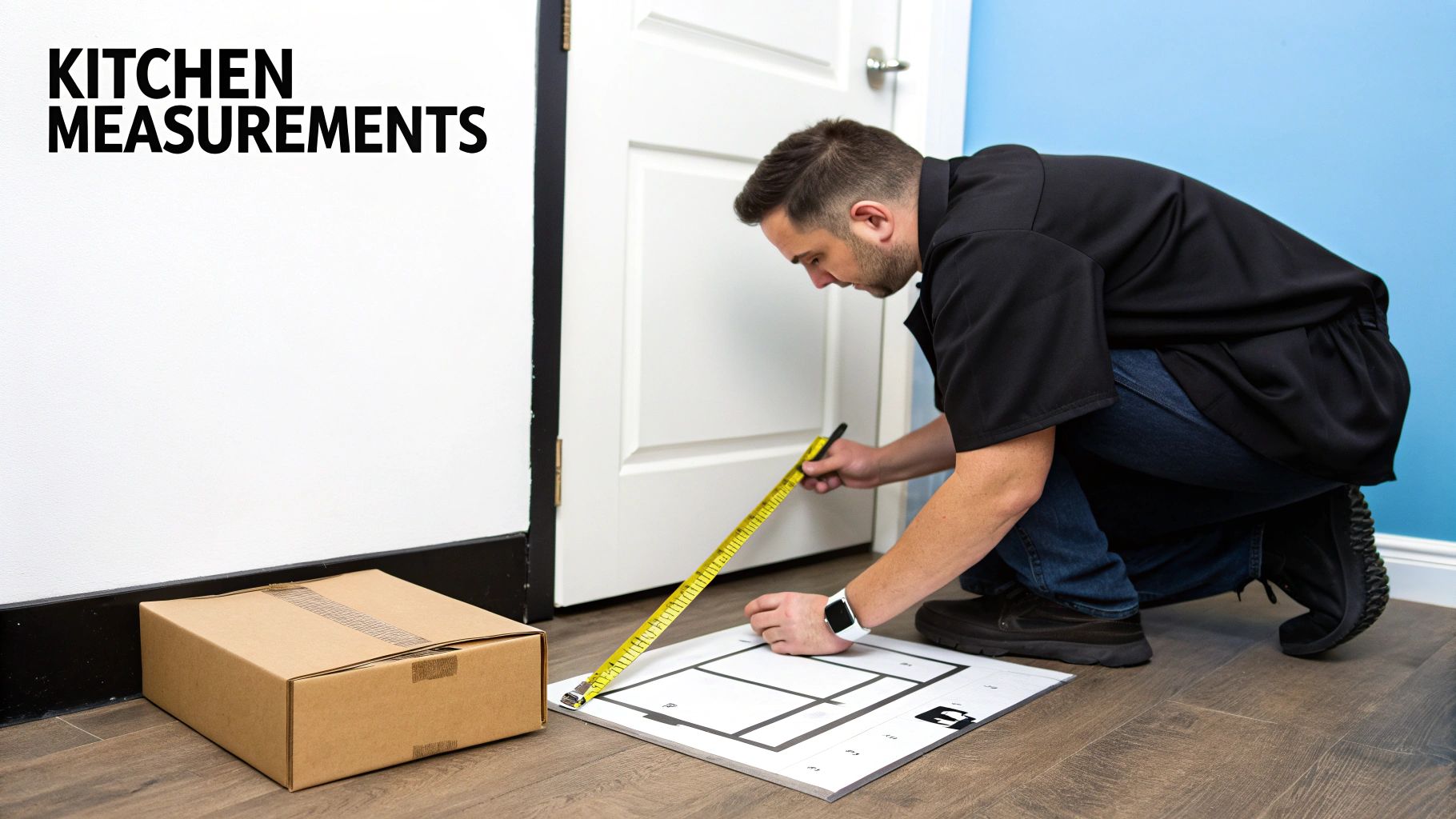 A man kneels on a wooden floor, measuring a kitchen layout diagram with a tape measure.