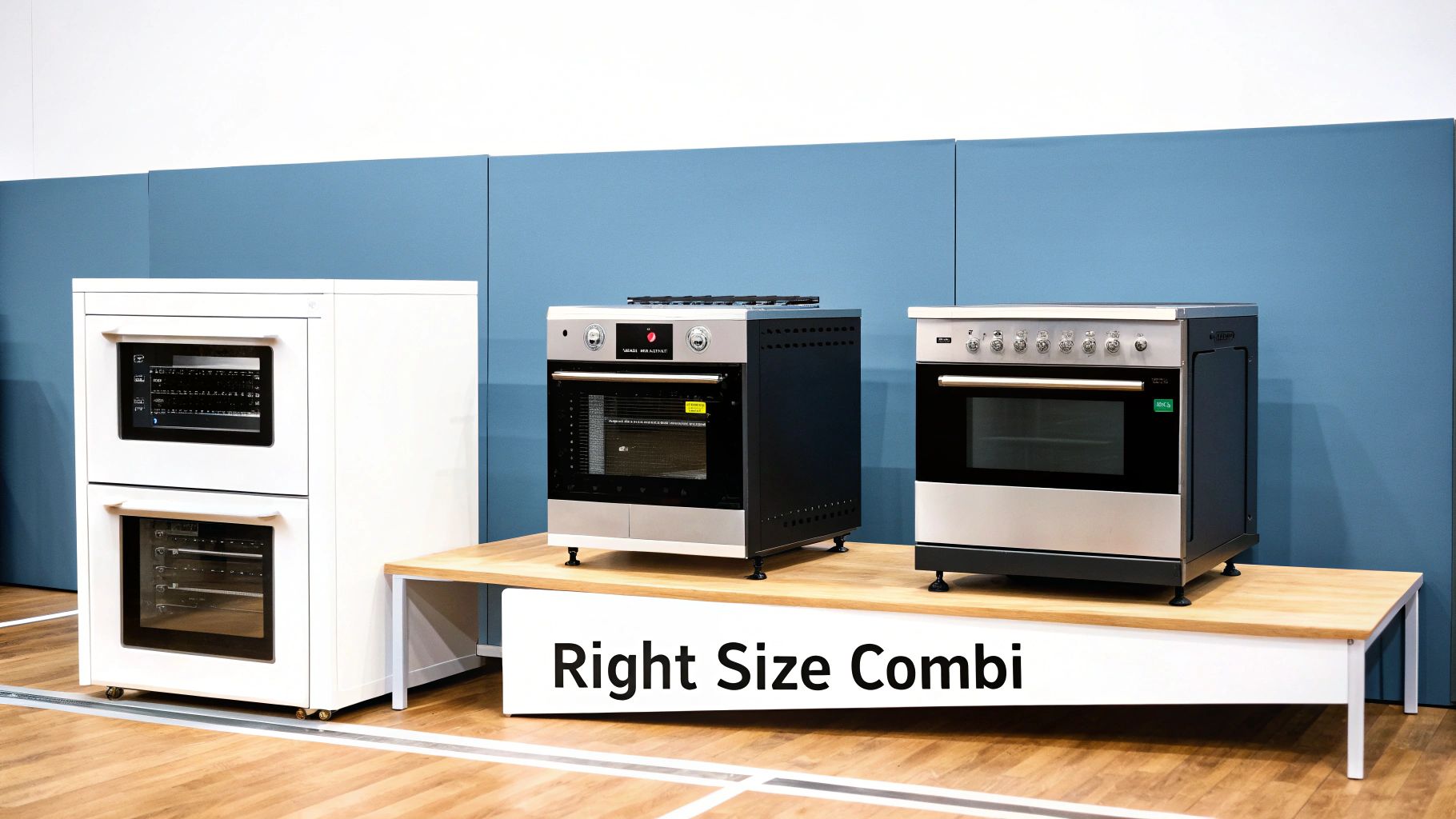 Three modern combi ovens on display, including a white double unit and two standalone ranges, on a wooden platform.
