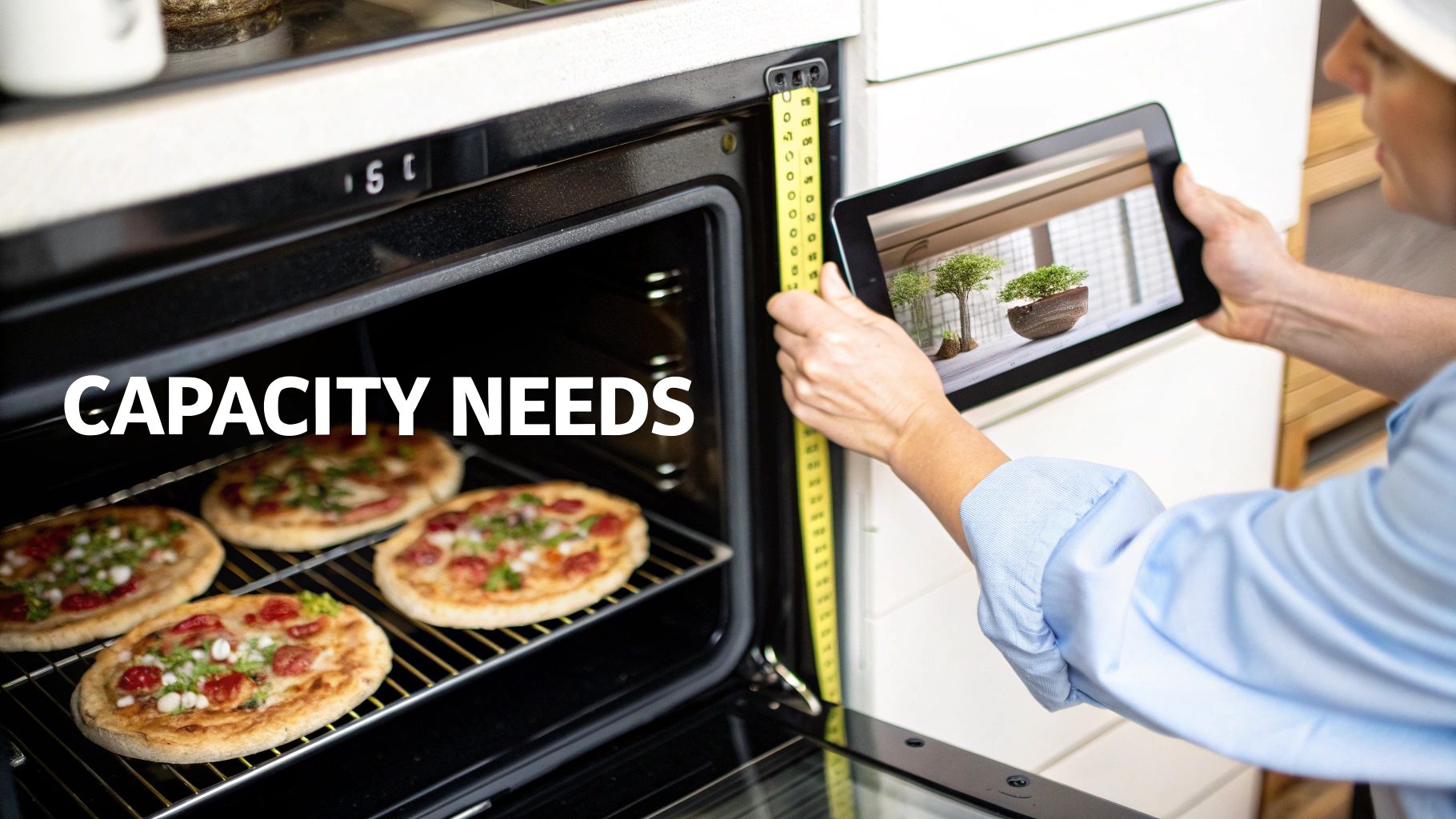 A person measures the internal capacity of an oven containing four small pizzas, while holding a tablet.
