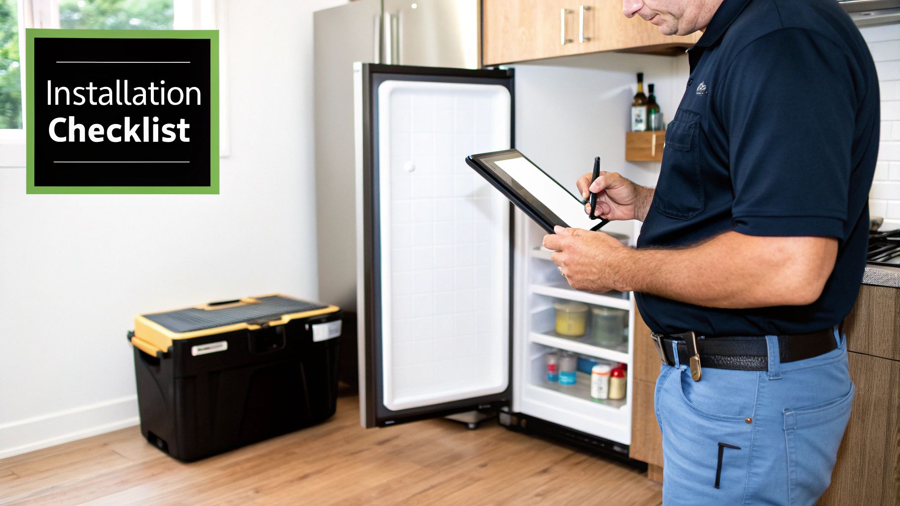 Technician with clipboard conducting installation checklist inspection of under counter refrigerator in modern kitchen