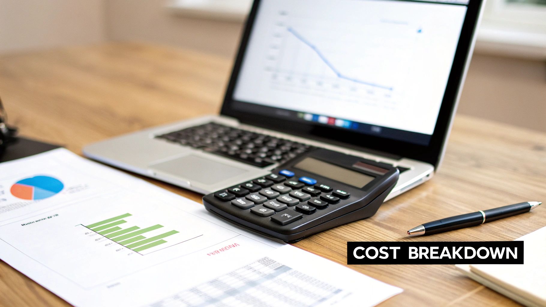 A desk setup with a laptop displaying a graph, a calculator, and papers with financial charts.