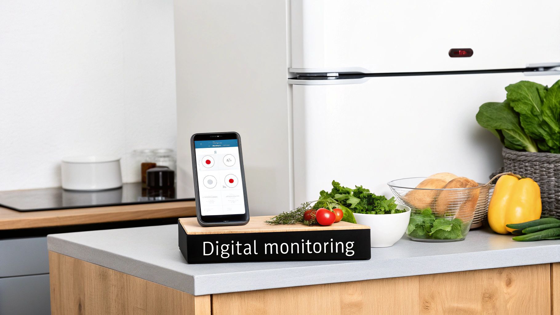 Smartphone displaying a digital monitoring app in a modern kitchen with fresh produce and a fridge.