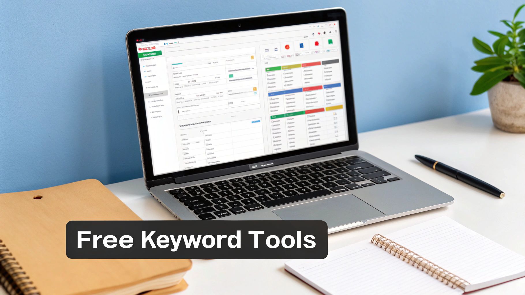Laptop displaying colorful keyword research dashboard and analytics tools on clean desk workspace