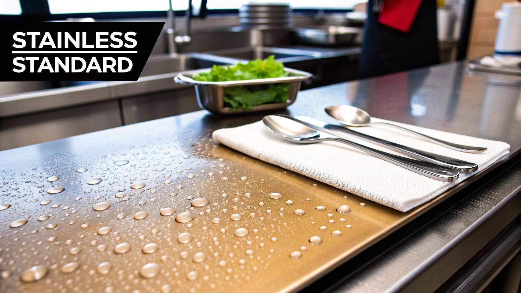 A close-up of a chef chopping vegetables on a clean, reflective stainless steel work table