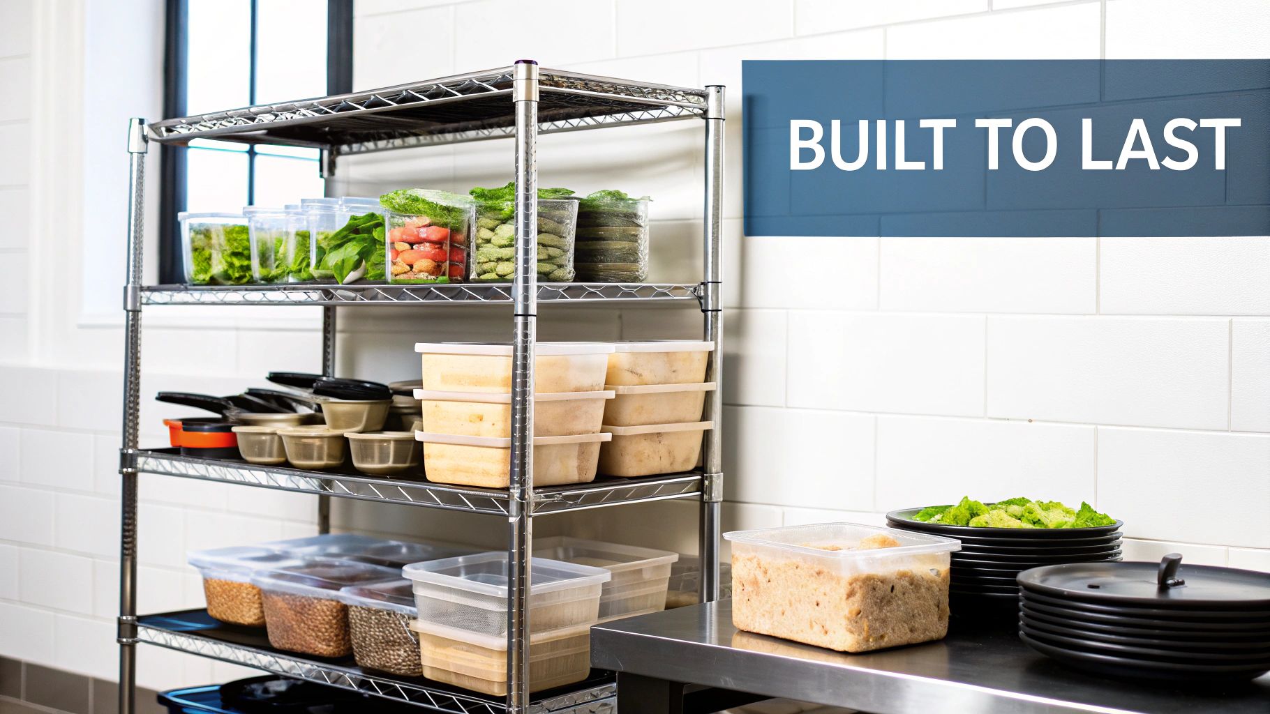 A pristine commercial kitchen featuring several stainless steel shelving units organized with supplies.