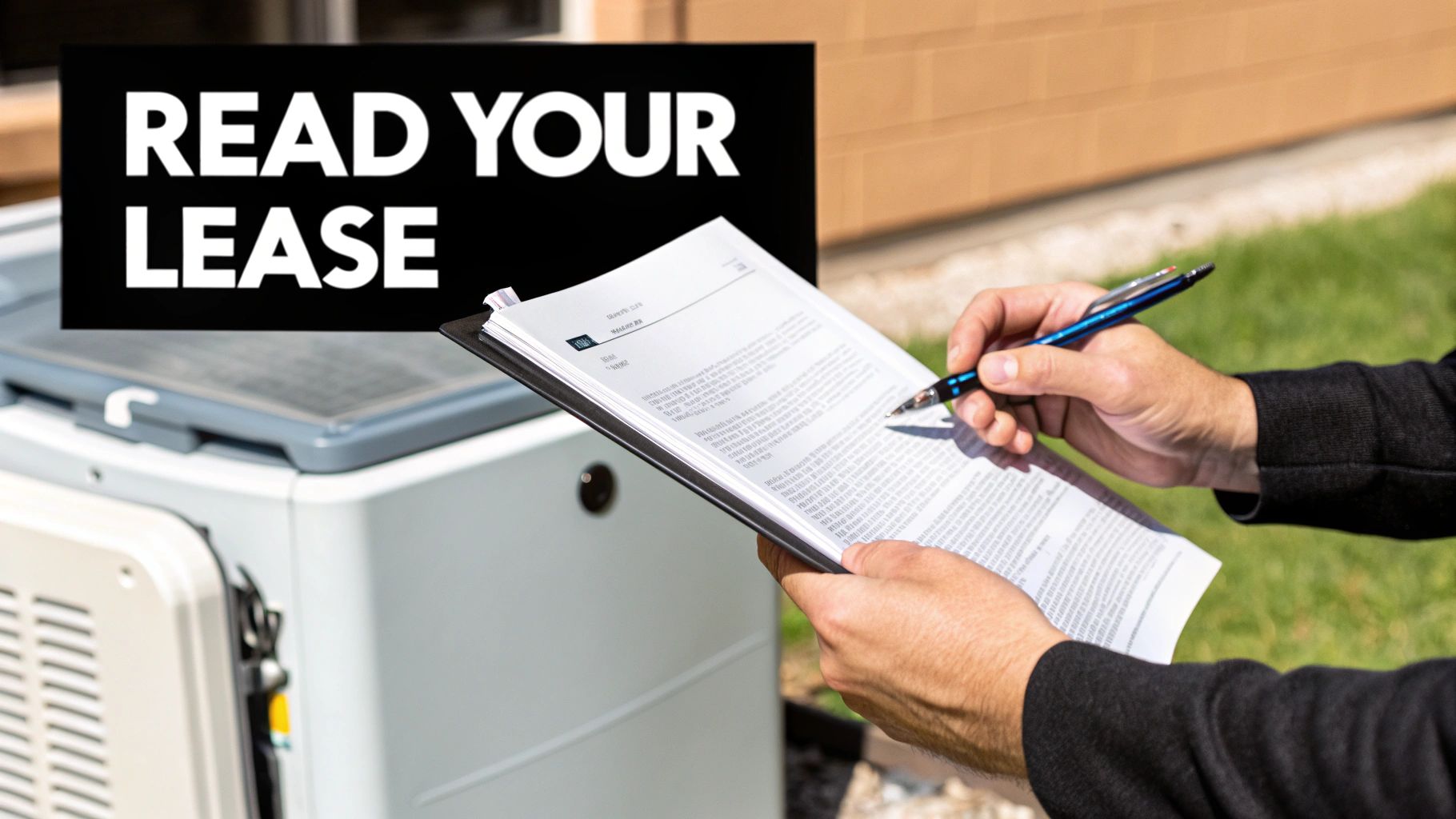 A person's hands holding a lease document and pen, with the text 'READ YOUR LEASE' overlaid.