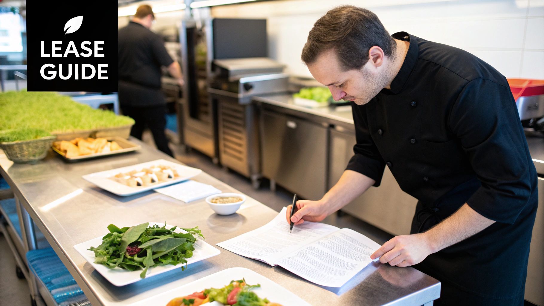 A person carefully reviewing a lease agreement document with a pen in hand, sitting at a desk with a laptop.