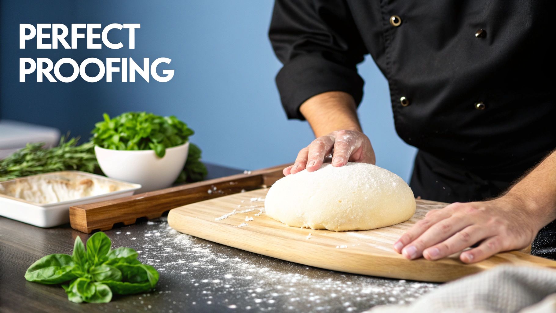 Professional chef in black uniform pressing and shaping fresh pizza dough on wooden cutting board