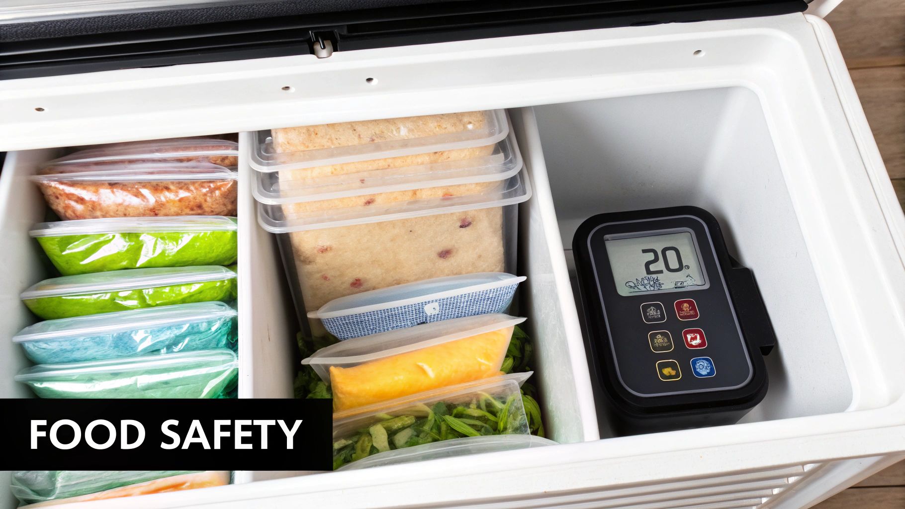 An open chest freezer with various food items in containers and bags, alongside a digital thermometer.