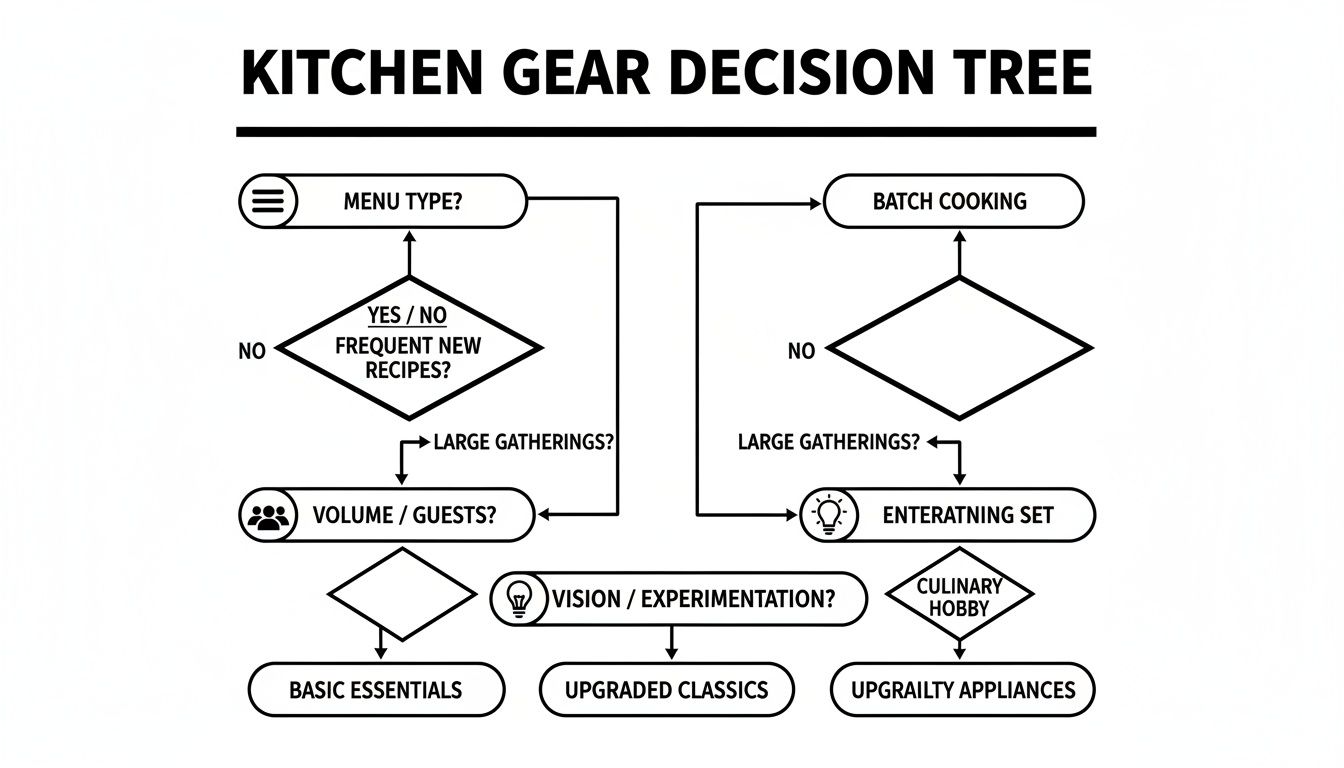 A Kitchen Gear Decision Tree flowchart guides choices based on menu type, guests, and culinary interests.