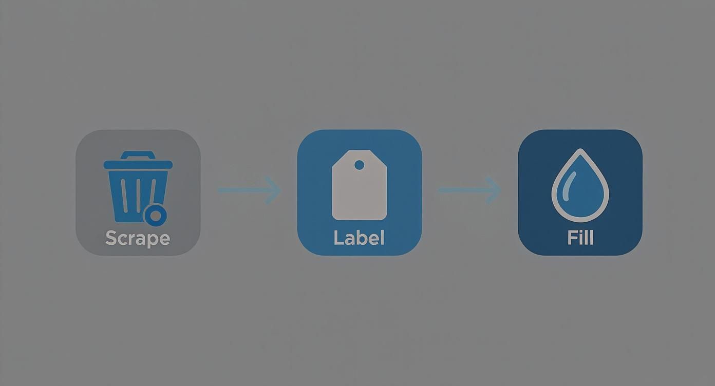 Digital workflow process diagram illustrating Scrape, Label, and Fill actions with corresponding icons.