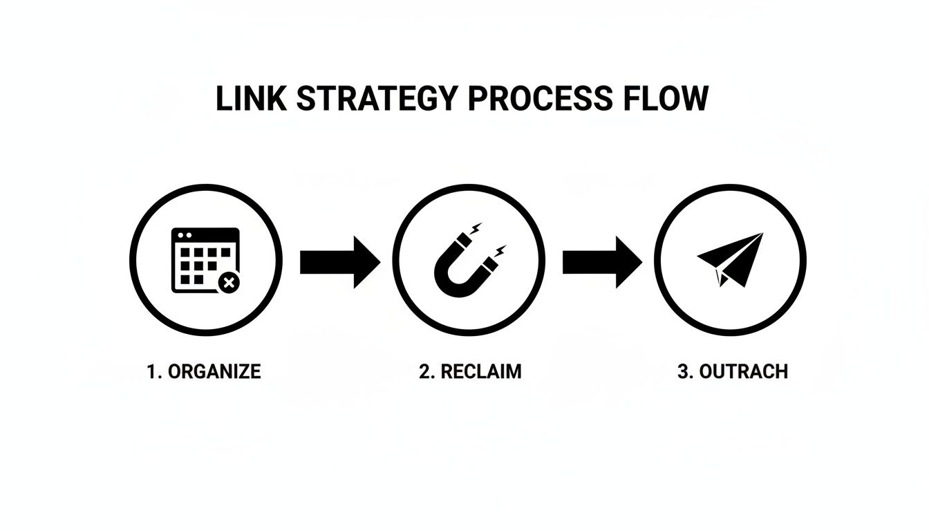 A link strategy process flow diagram illustrating three sequential steps: organize, reclaim, and outreach, with corresponding icons.