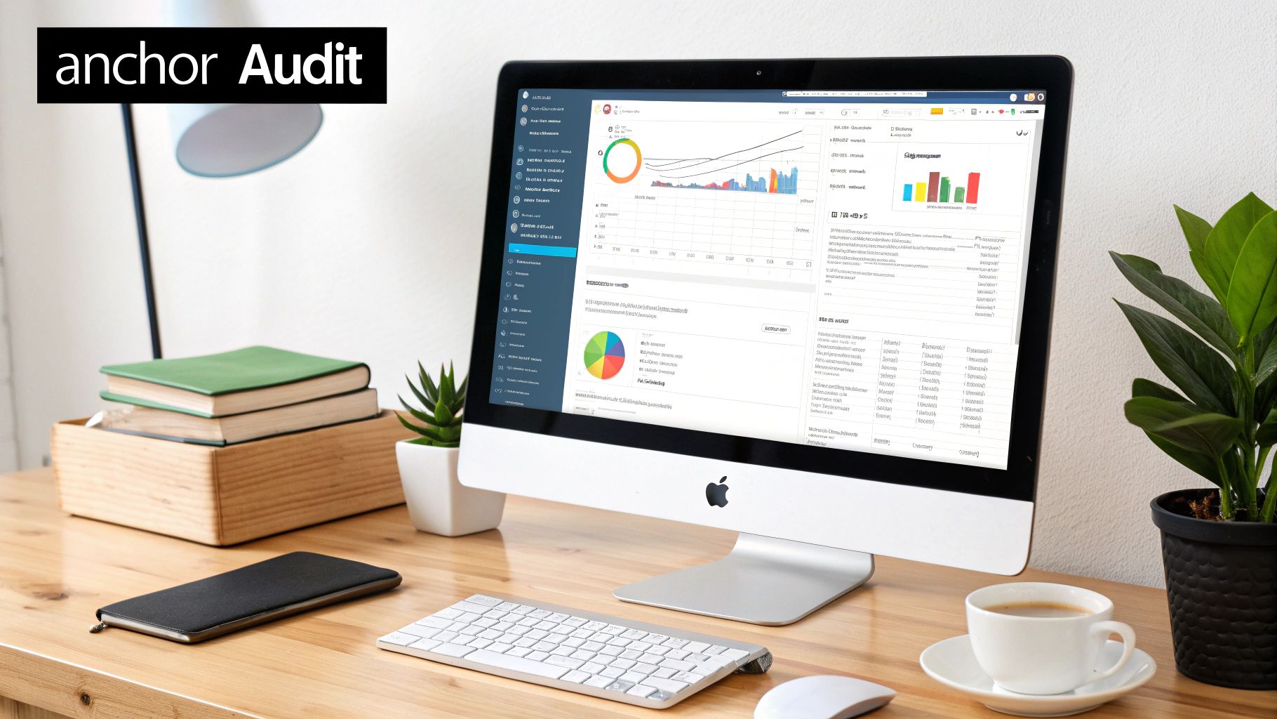 An office desk with an Apple iMac displaying 'anchor Audit' software with charts and graphs, alongside books, plants, and coffee.