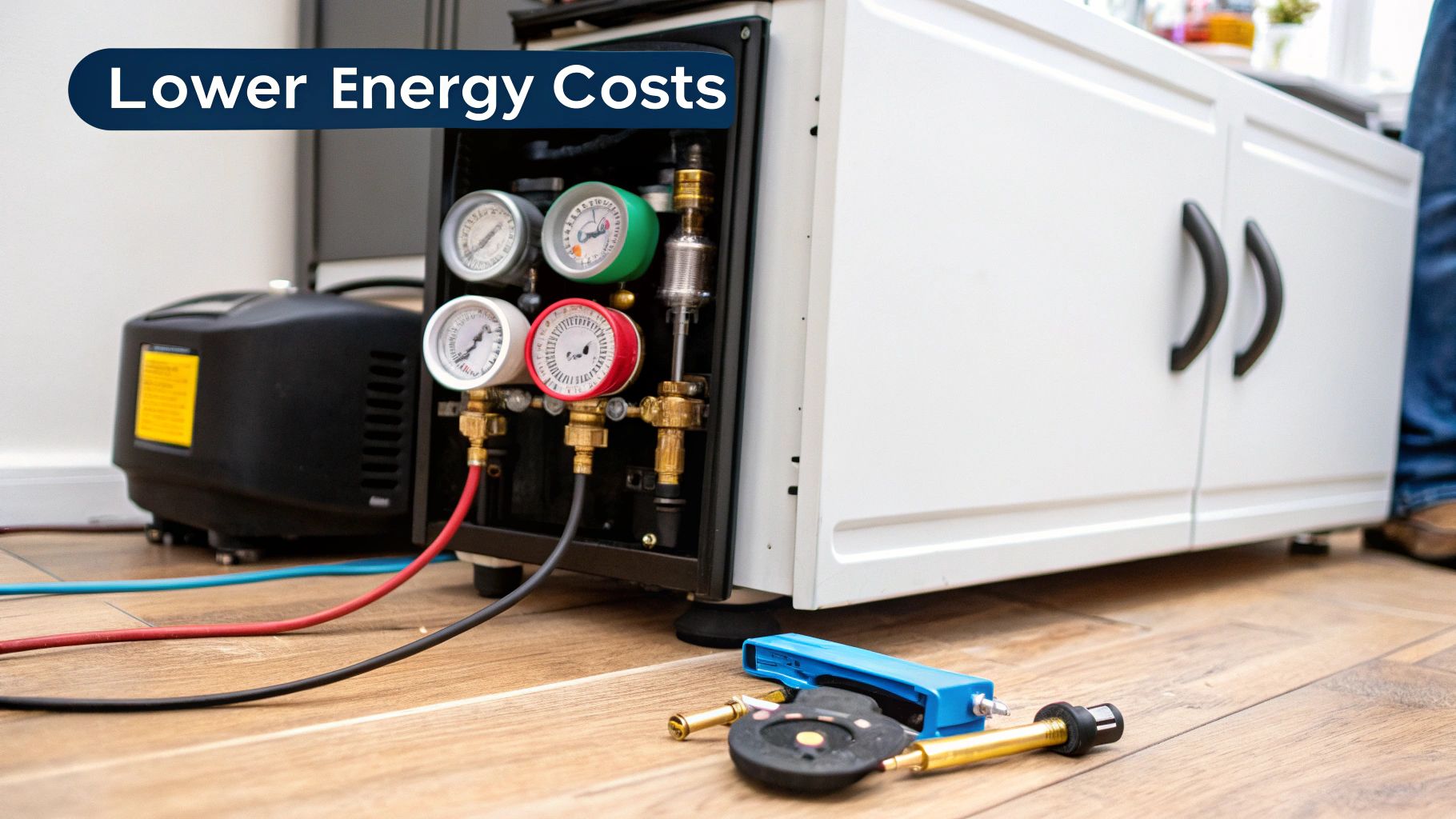 Industrial equipment with multiple gauges and hoses, hinting at refrigeration maintenance for lower energy costs.