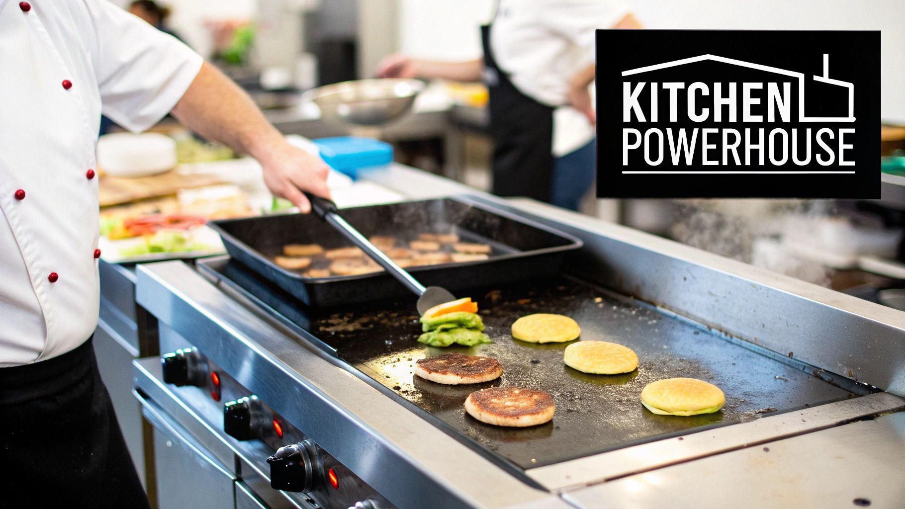 A chef cooking various foods on a large commercial electric griddle, showcasing its versatility.