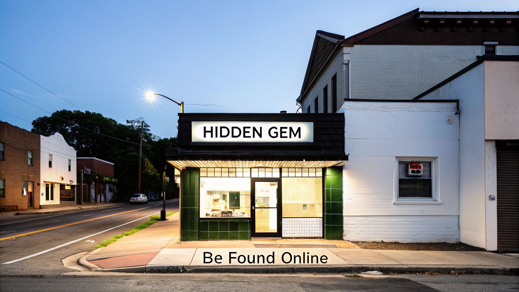 A storefront for 'Hidden Gem' lit up at night, emphasizing 'Be Found Online' below.