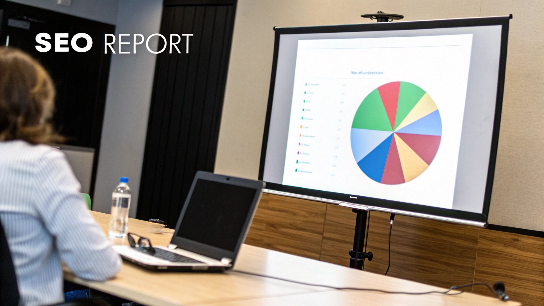 Person reviewing an SEO report with a pie chart on a projector screen during a meeting.