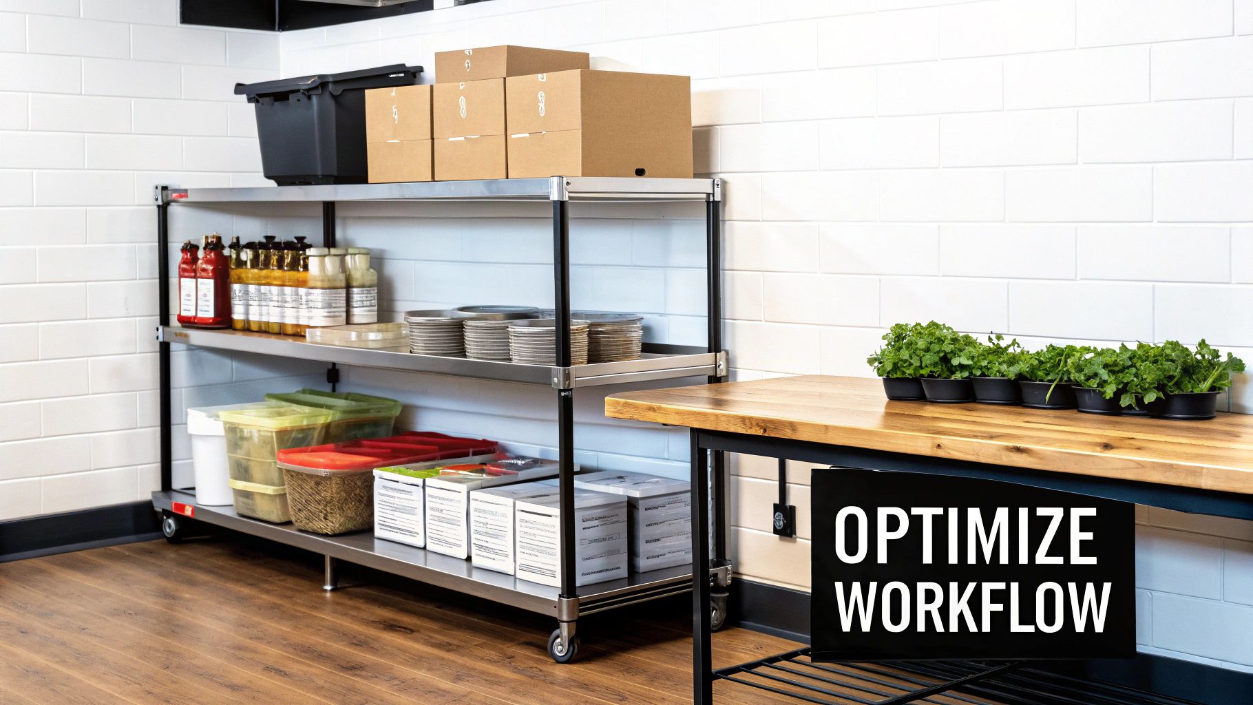Stainless steel shelving unit in a clean restaurant kitchen, filled with various food storage items and fresh herbs.