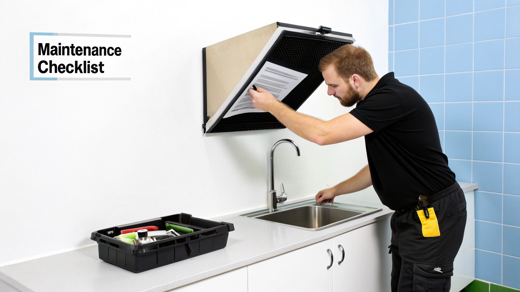 Maintenance worker reviews checklist while servicing a commercial ventless hood above a sink.