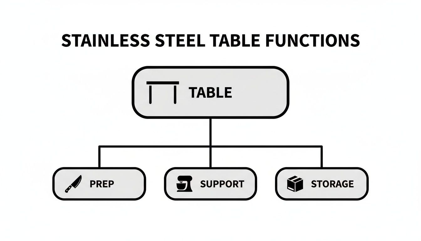 A flowchart titled 'Stainless Steel Table Functions' illustrates a table branching into prep, support, and storage roles.