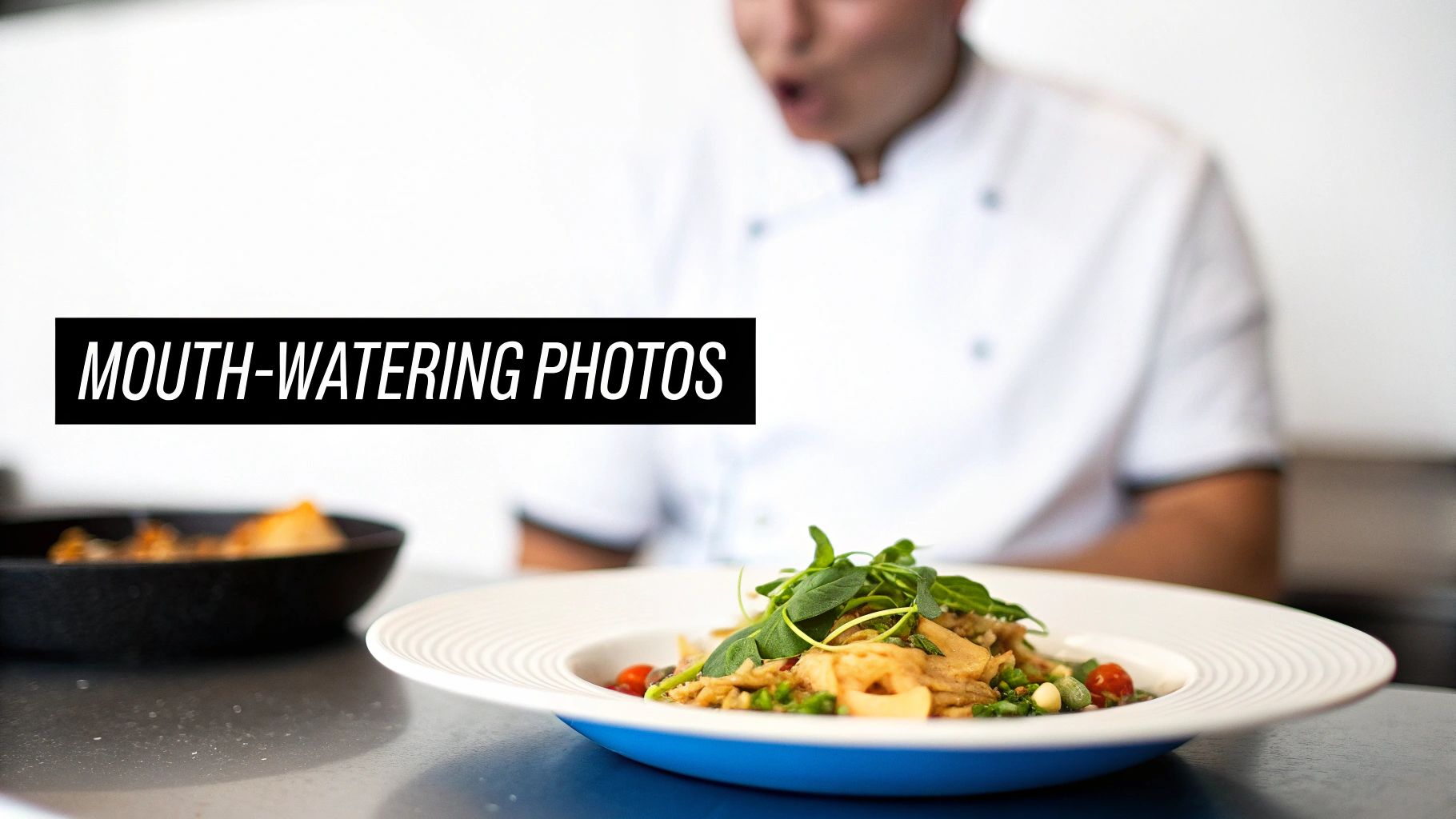 A chef looks on as a mouth-watering pasta dish with greens is beautifully presented.