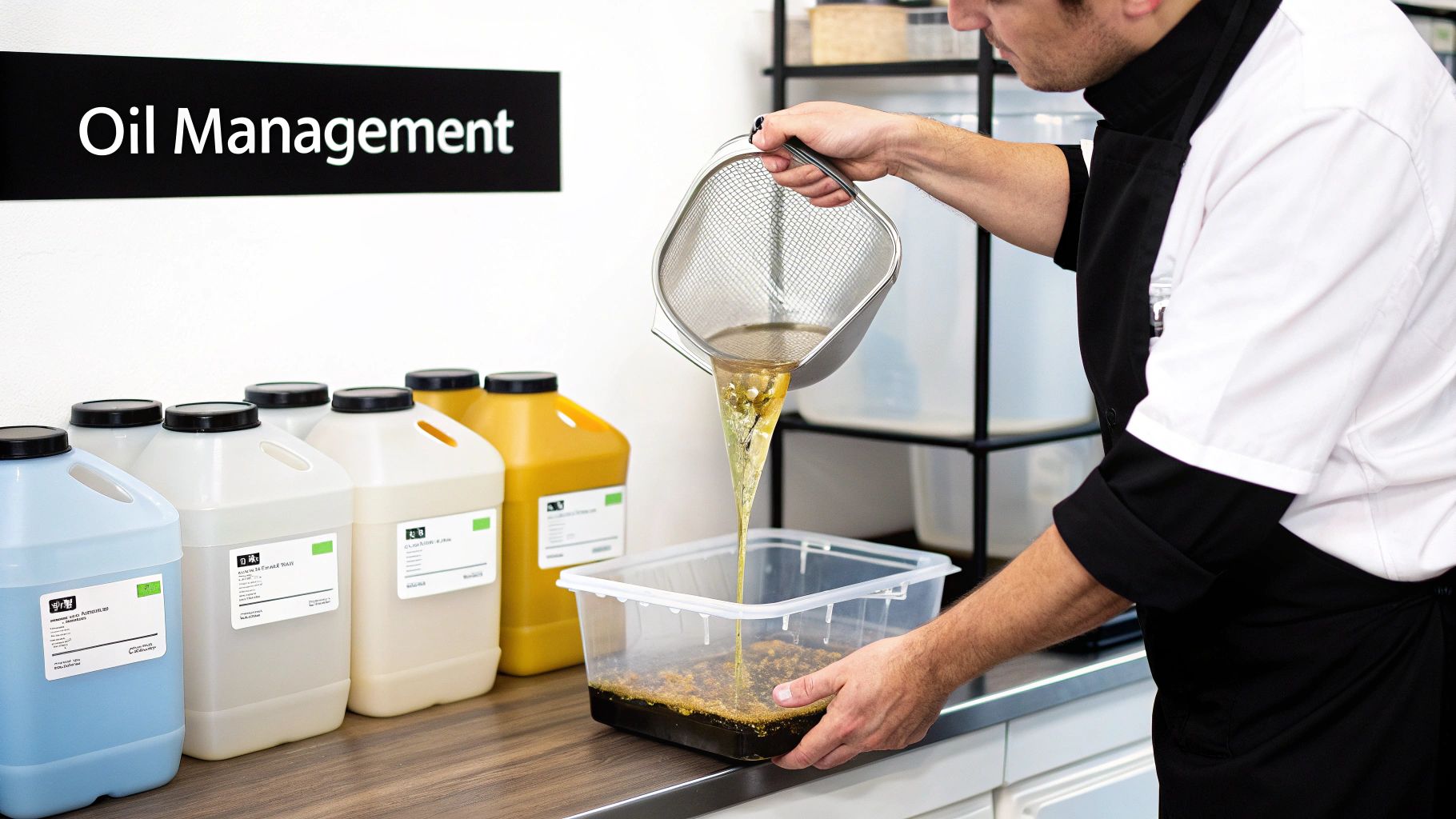 A chef filters used cooking oil through a metal strainer into a clear container for oil management.