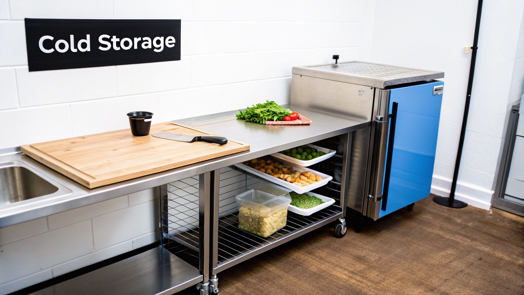 Commercial kitchen food prep area with stainless steel counter, 'Cold Storage' sign, and blue refrigerator.