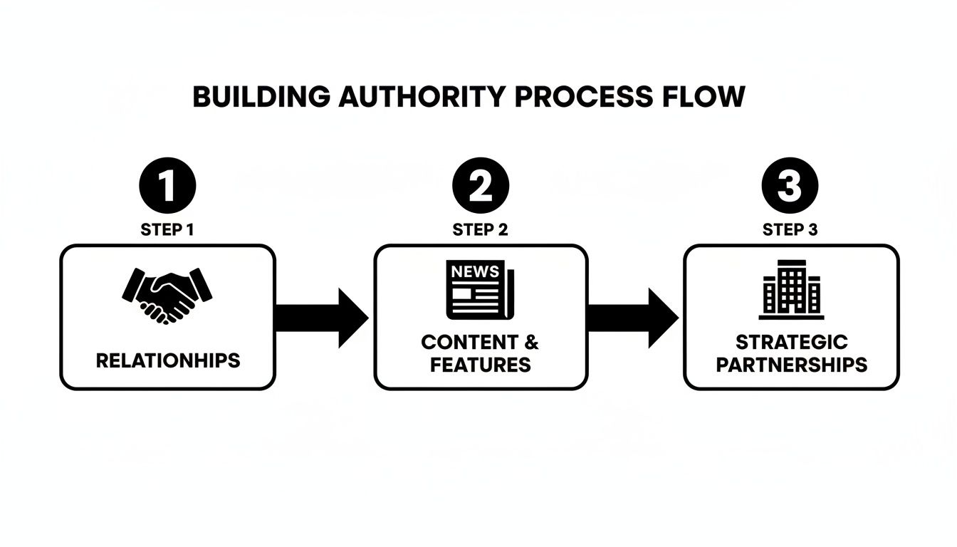 A three-step process flow for building authority, including relationships, content, and strategic partnerships.