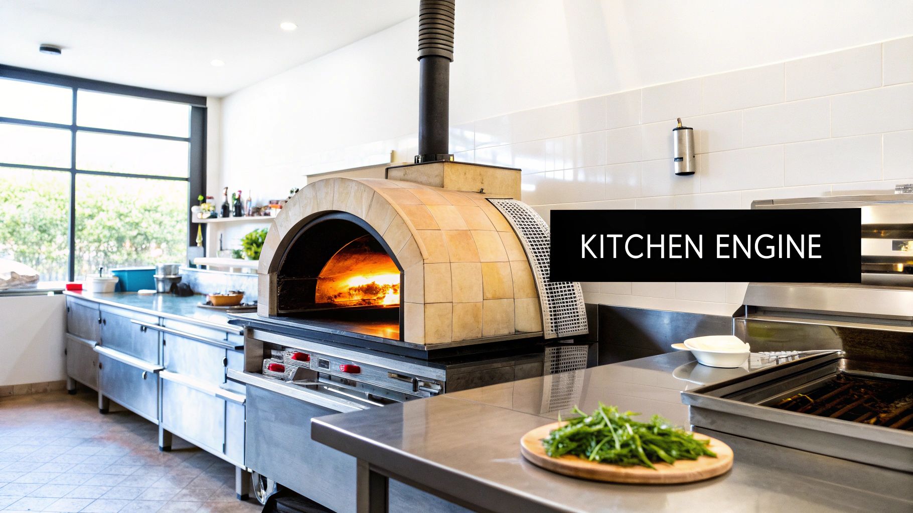 A professional kitchen featuring a large, glowing wood-fired pizza oven and stainless steel counters.