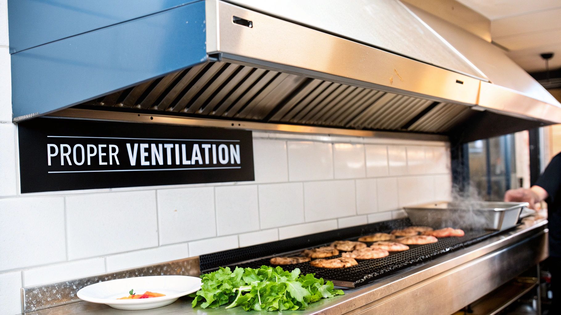 A commercial kitchen scene with food grilling under a stainless steel exhaust hood and 'Proper Ventilation' sign.