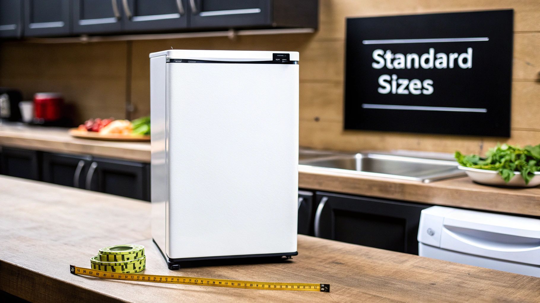 A white under-counter refrigerator in a modern kitchen, with a tape measure and 'Standard Sizes' sign.