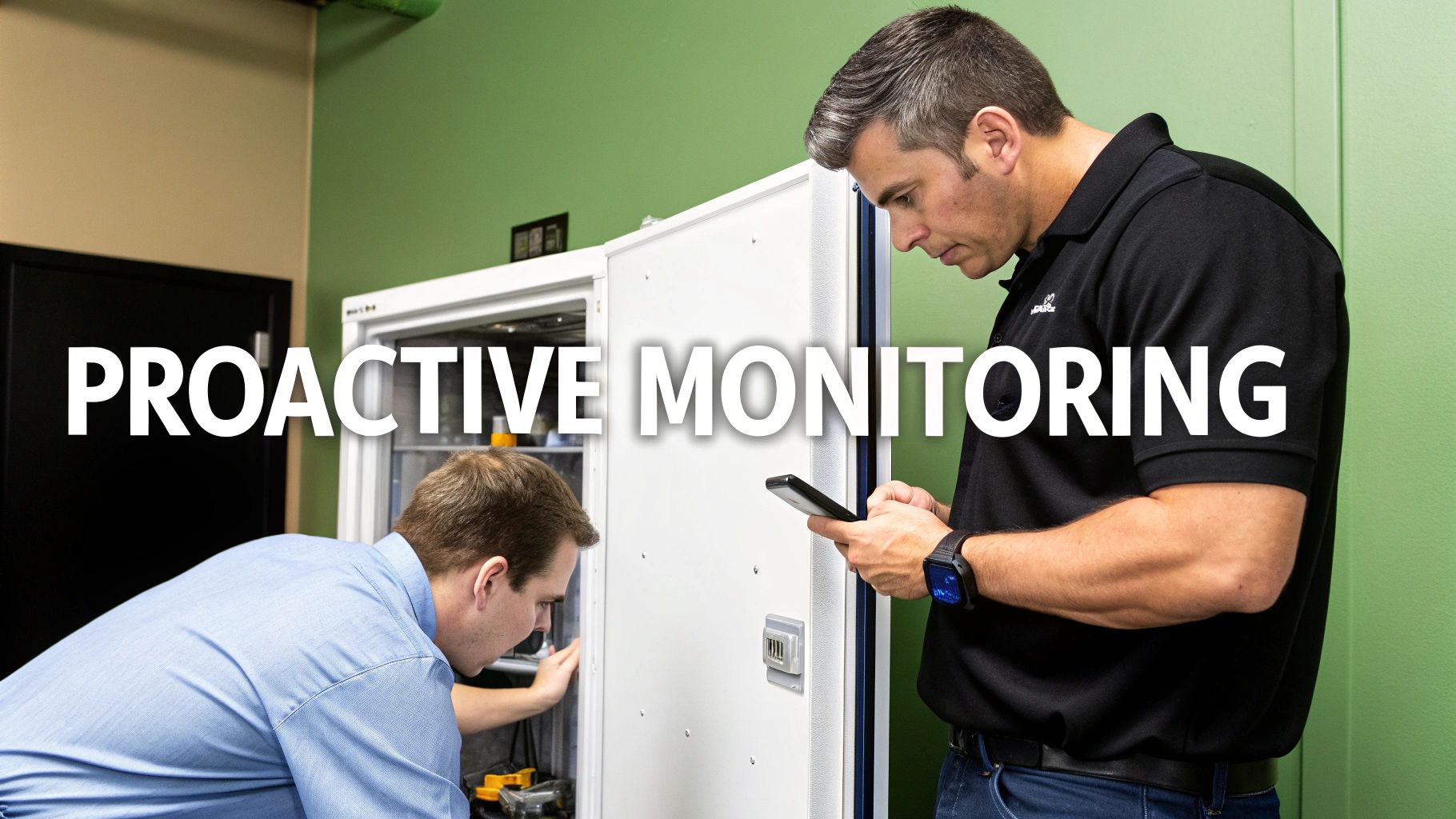 Two technicians performing proactive monitoring on a walk-in cooler, one using a smartphone.