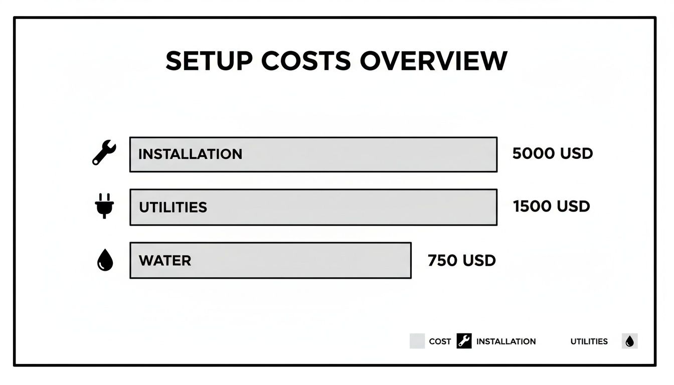 A setup costs overview showing installation, utilities, and water expenses with their respective costs.