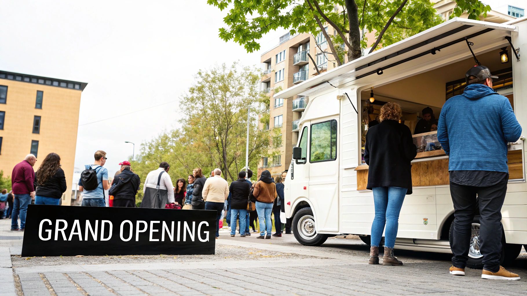 Customers line up at a white food truck during its grand opening event on a city street.
